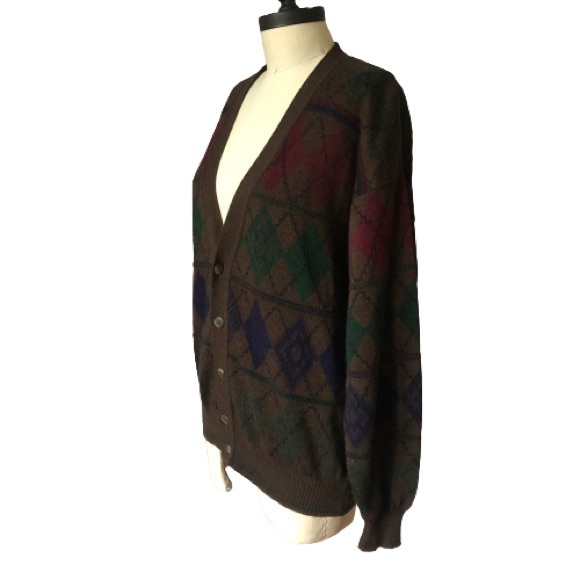 Italian Brown Argyle Wool Blend V-Neck Cardigan Grandpa Menswear Sweater - Picture 11 of 16